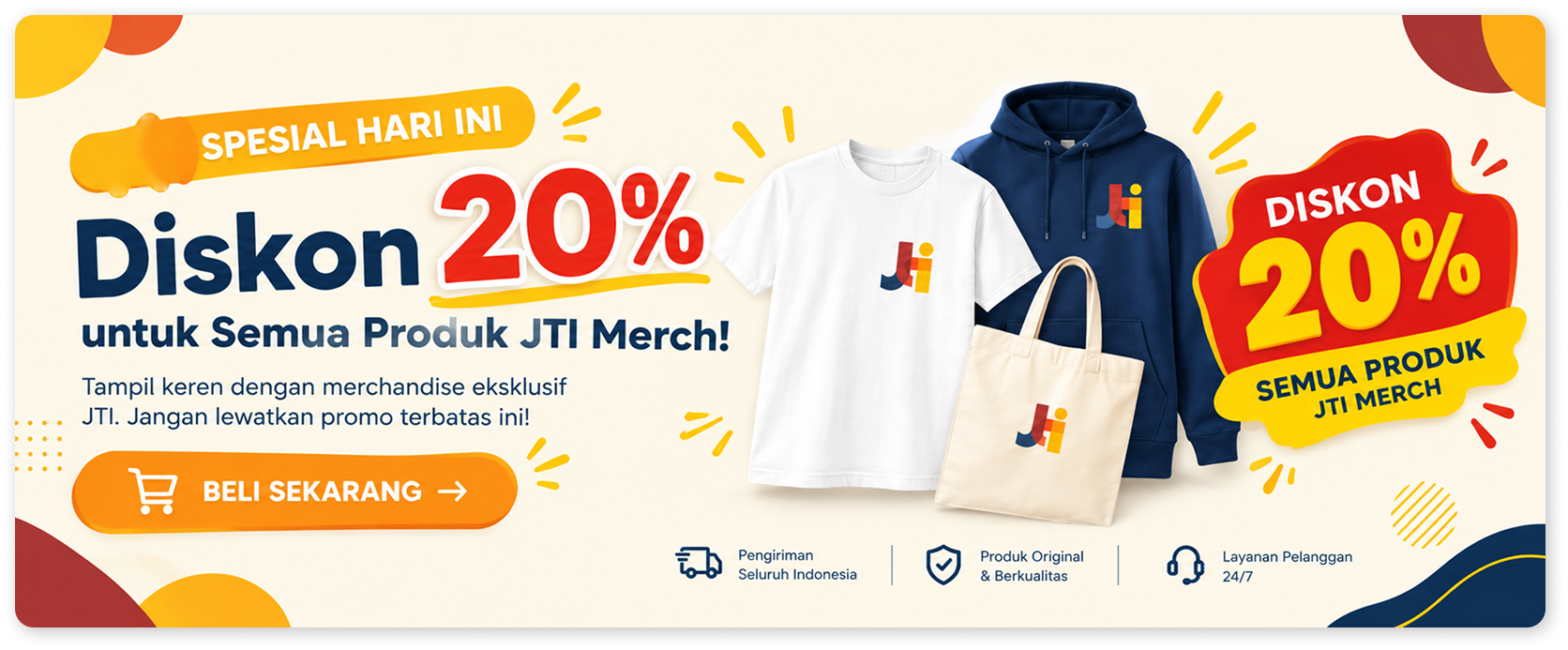Diskon 20% untuk semua produk JTI Merch. Tampil keren dengan merchandise eksklusif JTI. Jangan lewatkan promo terbatas ini!